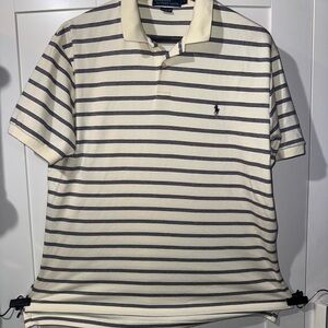 VTG Polo Ralph Lauren White Striped Short Sleeve Shirt Men's Medium Blue Pony